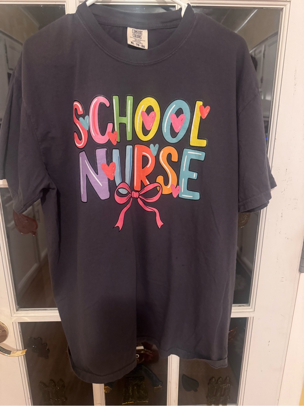 Comfort Colors Charcoal Tee with Bright Multicolor "School Nurse" Graphic